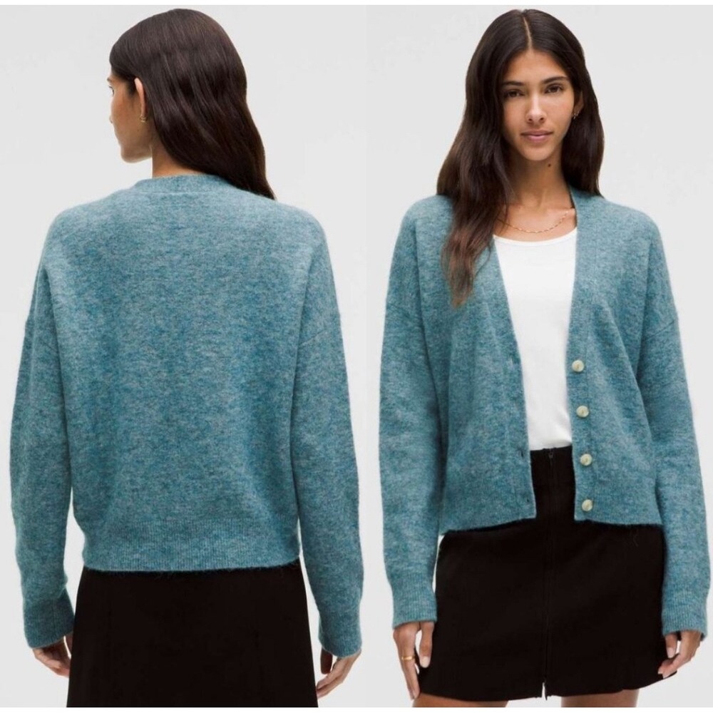 Lululemon Alpaca Wool Blend Cardigan Teal Blue V-Neck Button Front Sweater M
